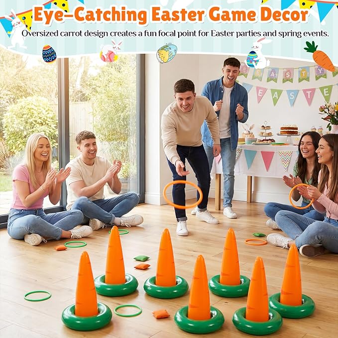 Easter Carrots Inflatable Ring Toss Game for Adults Family, Indoor Outdoor Party Easter Game Party Decorations Cute Fun with 6 Cones 12 Rings 12 Bean Bags 1 Air Pump