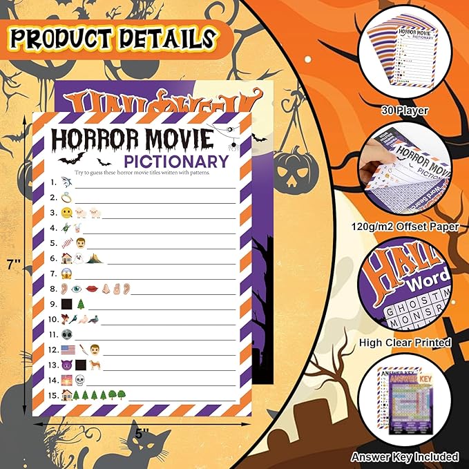 COCHIE 30 Players Halloween Party Games for Adults Family Office Large Groups, Horror Movie Name Pictionary Game, Guesstures Game, Word Search Games with Answer Key (Halloween Purple)