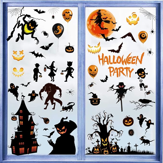 Leesoot Halloween Decorations Set 17pcs Pumpkin Ghost Balloons + Banner + Wall Stickers Bat Spider Witch Werewolf Skull for Halloween Party Home decoration Halloween Backdrop