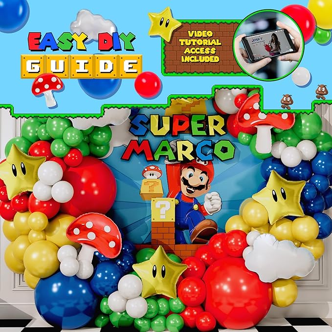 ALL-IN-1 Super Adventure Balloon Arch Kit with BONUS Mushroom, Cloud & Star Balloons for Bros Party Decorations - Red Blue Green Yellow Balloons for Video Game Birthday Decoration & Party Supplies