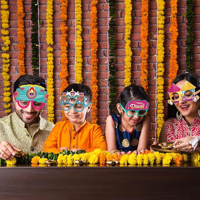 Pajean 32 Pcs Diwali Decorations Happy Diwali Eyeglasses Paper Glasses Frame Festival Deepavali Photo Booth Props Festival Party Favors for Indian Birthday Party Supplies
