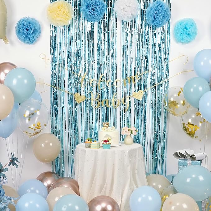 Dusty Blue Baby Shower Decorations for Boy,Welcome Baby Banner with Sand White Champagne Gold Balloons Fringe Curtains Paper Pom Poms Flowers Tassels for Boho Baby Shower Gender Reveal Party Supplies
