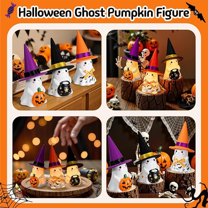 Halloween Decorations Indoor,3Pcs Cute Spooky Ceramic Ghost Halloween Decorations,Ghost Figurines with Hats - Adorable Tabletop Decor for Mantel,Party, Home, Porch Decor