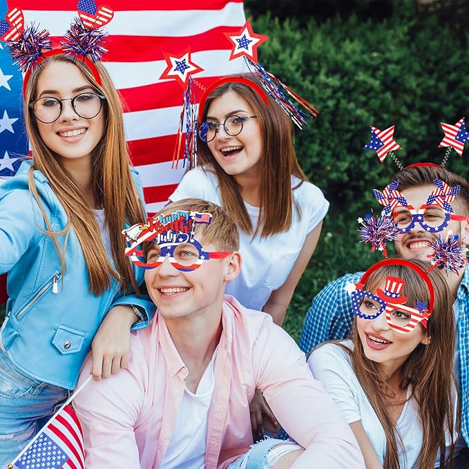 Max Fun 4th of July Accessories, 18 Pcs Patriotic Glasses and Headbands Set Fourth of July Decorations for Kids Adults Independence Day Party Favors Photo Booth Props
