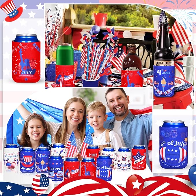 4th of July Decoration Can Cooler Sleeves, 12 Pcs Independence Day Can Party Supplies USA Flag Insulated Collapsible 4th of July Cooler Sleeves for Patriotic Memorial Day (A)