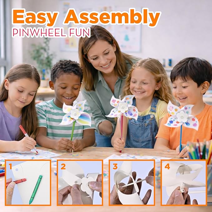 4E's Novelty DIY Pinwheels Craft for Kids (48 Pack) Color Your Own White Pinwheels, Bulk Summer Spring Craft Kit for Boys & Girls, Arts and Craft Party Activity, Church Easter Crafts
