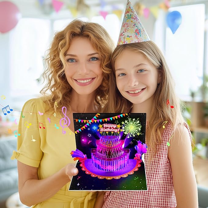 GREETING ART 3D Pop Up Firework Birthday Cards, Musical & LED Lights Birthday Cards with Birthday Cake, Happy Birthday Card Postcards Greeting Cards for Women, Men, Kids