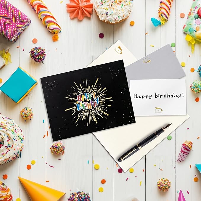 GREETING ART 3D Pop Up Firework Birthday Cards, Musical & LED Lights Birthday Cards with Birthday Cake, Happy Birthday Card Postcards Greeting Cards for Women, Men, Kids