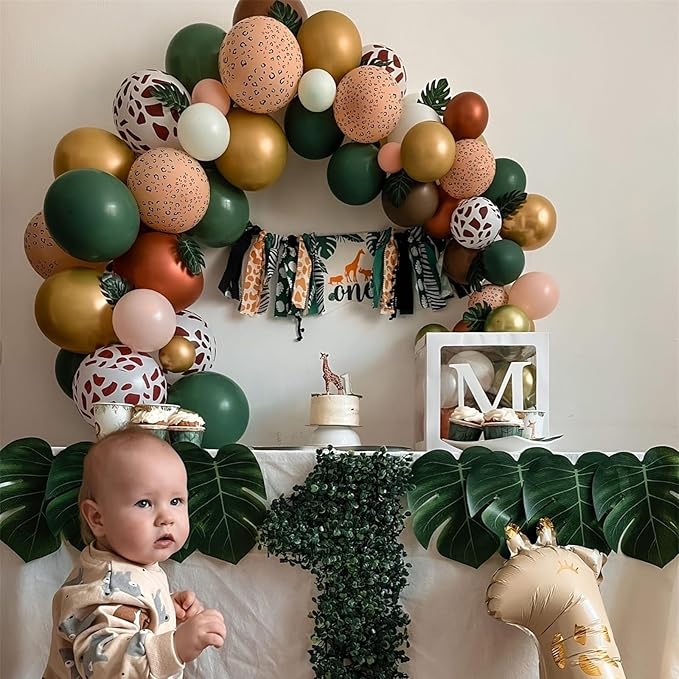 Jungle Safari Balloon Arch Garland Kit, Sage Olive Green Brown Beige with Animal Print Wild One Ballons, Giraffe Balloon for Kids Safari Baby Shower Forest Woodland Theme Birthday Party Decorations
