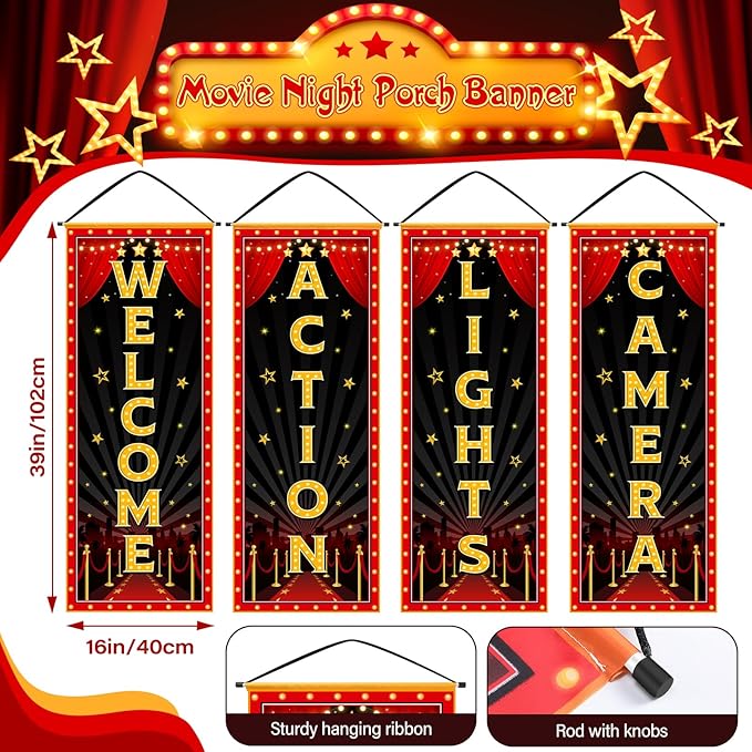 Panelee 4 Pcs Movie Night Porch Banner Movie Themed Party Decorations Theater Welcome Lights Camera Action Front Door Sign Hanging Decoration for Home Photo Film Booth Backdrop Party Supplies