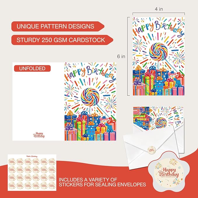 20pcs Birthday Cards, Messages, Envelopes, and Stickers | 4x6 Inch Happy Birthday Cards Bulk for Family, Kids, Friends, Work, and Office Celebrations. (20 Pcs Cards With Firework patterns)