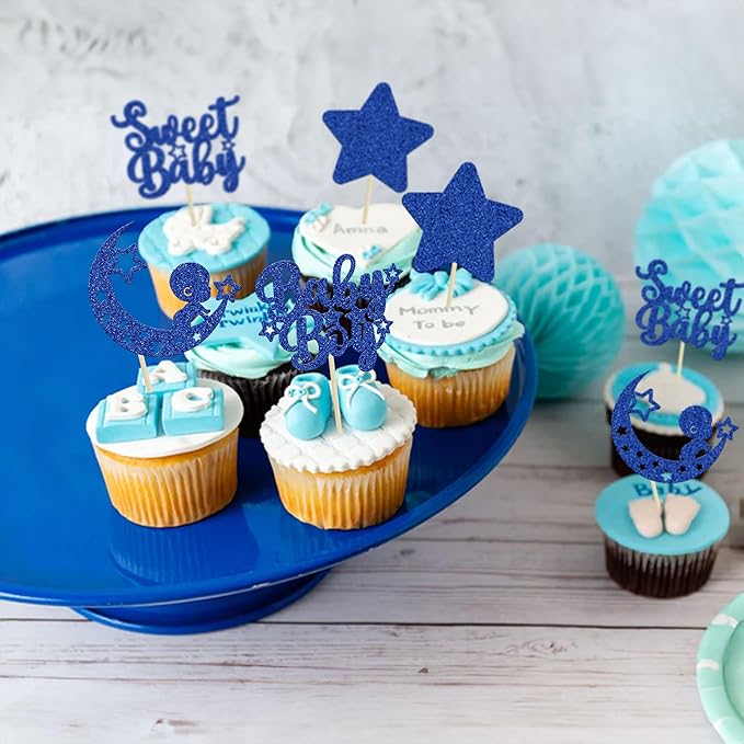 Gyufise 24Pcs Baby Shower Boy Cupcake Toppers Glitter Star Moon Sweet Baby Boy Cupcake Picks Baby Shower Boys Birthday Party Cake Decorations Supplies Deep Blue