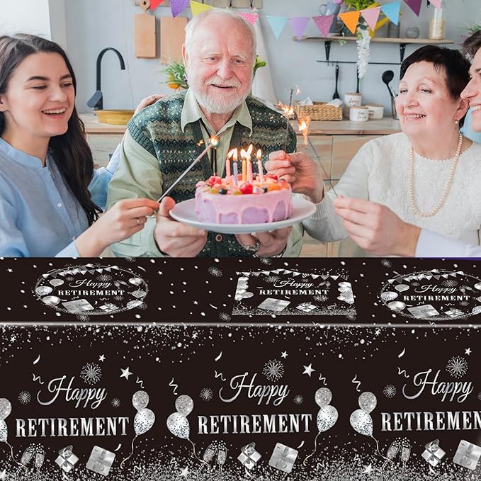 41PCS Happy Retirement Party Decorations for Men and Women,Black Silver Happy Retirement Paper Plates Napkins and Tablecloth Disposable Dinnerware for Farewell Going Away Table Decor Party Supplies