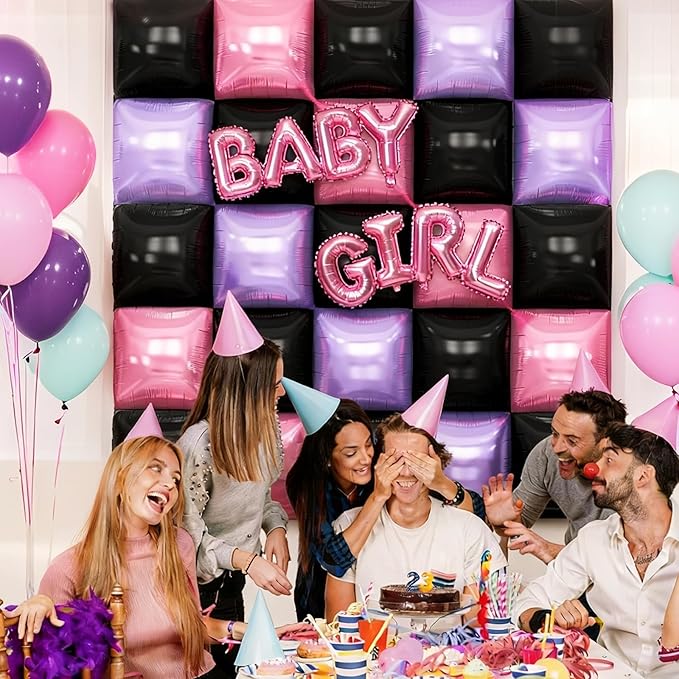 Pink and Purple Black Square Foil Balloons Wall, 19'' Reusable DIY Mylar Double Balloons Garland Tunnel Arch Kit for Baby Shower Anniversary Bachelorette Birthday Engagement Bridal Decor ﻿