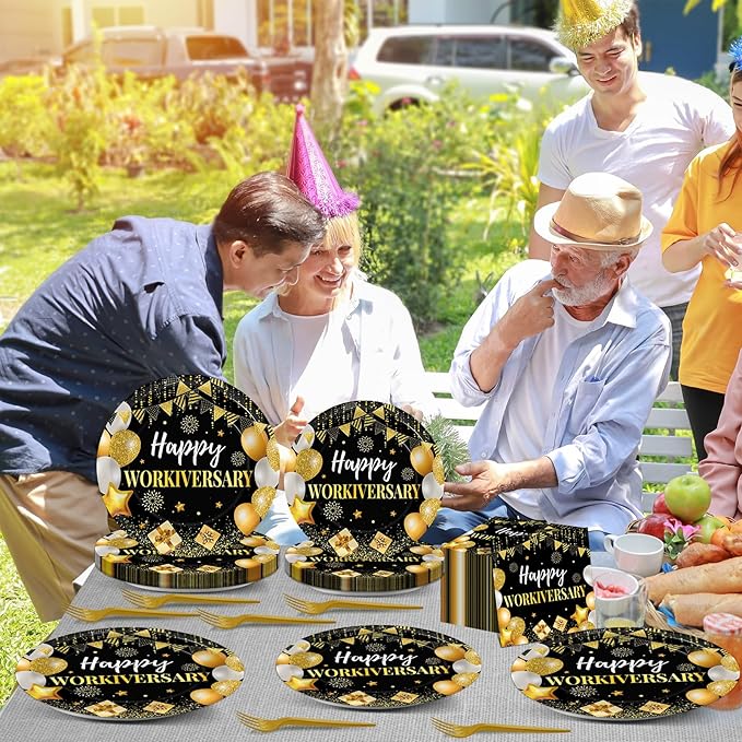 96Pcs Happy Work Anniversary Party Supplies Black Gold Happy Workiversary Tableware Dinnerware Set Worker Appreciation Plates Napkins Decorations for Women Men Office Employee Worker