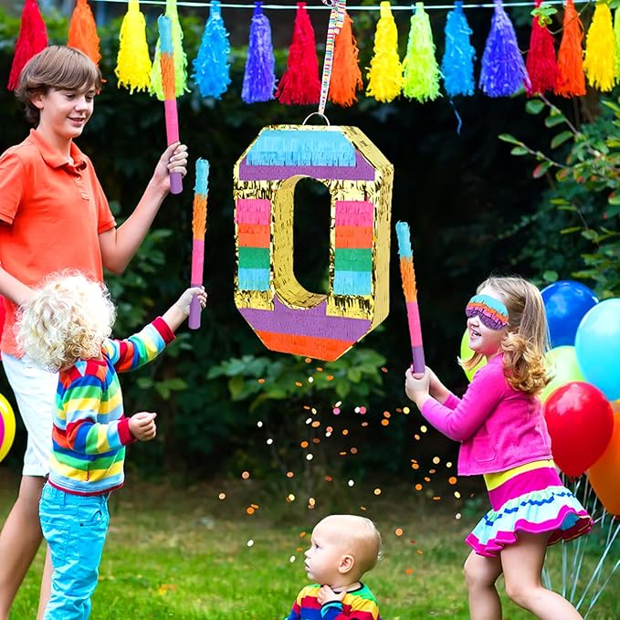 Rainbow Number 0 Pinata Birthday Decorations for Kids, Rainbow Pinata with Bat Stick Blindfold for Boys Girls Birthday Celebrations Baby Shower Party Supplies (16.1x10.6x2.9 Inches)