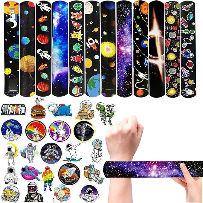 74PCS Space Slap Bracelets&Stickers Outer Space Theme 24PCS Slap Bracelets 50PCS Stickers Party Favors Basket Bag Filler School Prizes Gifts Party Favors Bulk