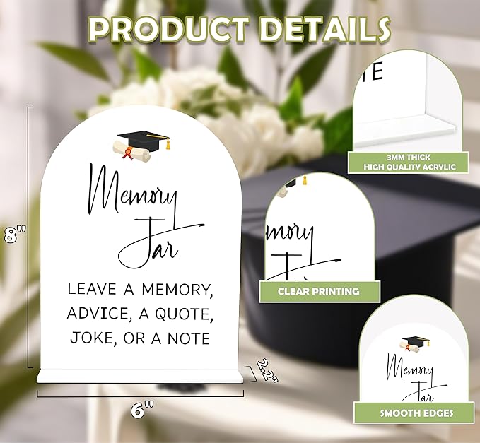 Graduation Memory Jar Sign, 6 x 8 Inch White Arch Acrylic Grad Party Sign with Holder, Graduation Party Sign for Class of 2026, Grad Decor, High School College Party Supplies - DL07
