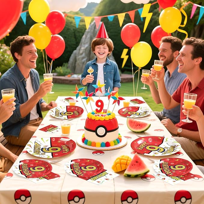 Grencian 96Pcs Happy 9th Birthday Party Supplies Cartoon Anime Themed Paper Plates and Napkins Tableware Sets Red and White Decoration for 9 Year Old Birthday Kids Children Party Serves 24