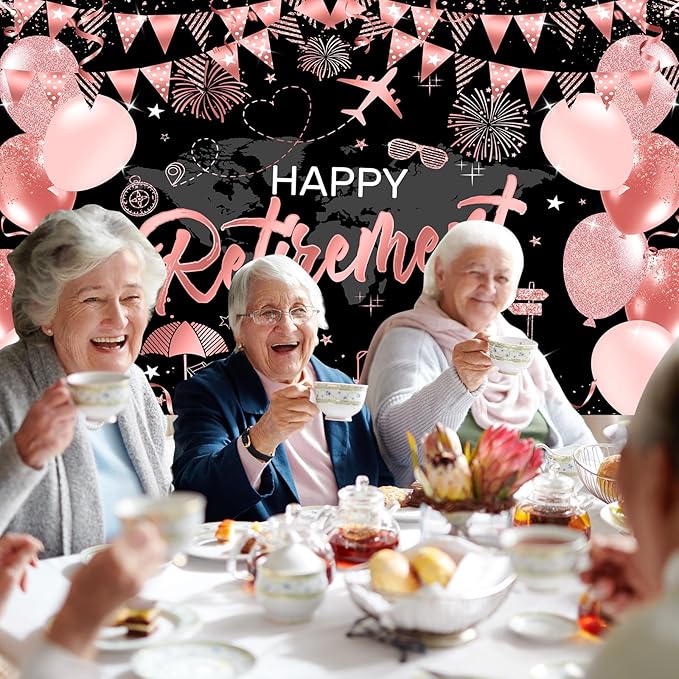 Mocsicka Happy Retirement Backdrop Pink Rose Gold Balloons Women Happy Retirement Banner Party Decorations Photo Booth Props (Pink, 7x5ft)