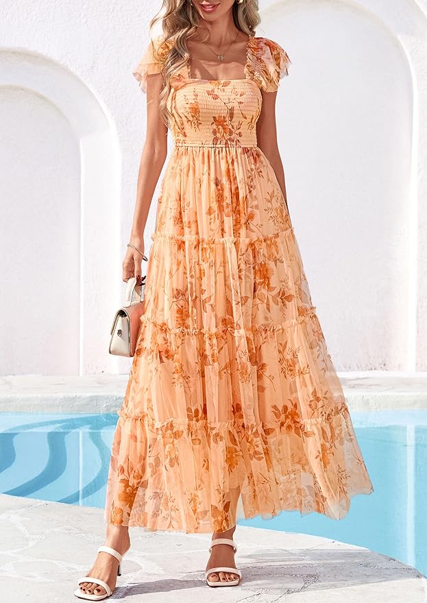 PRETTYGARDEN Women's Summer Tulle Midi Dress Sleeveless Smocked Ruffle Flowy Mesh Dresses Party Wedding Guest Sundress