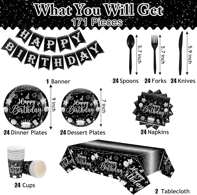 Vesici 171 Pcs Happy Birthday Party Supplies 24 Set Disposable Party Tableware include Plates Cups Napkins Cutlery and Banner Tablecloth Birthday Dinner Decorations for Men Woman(Black, Silver)