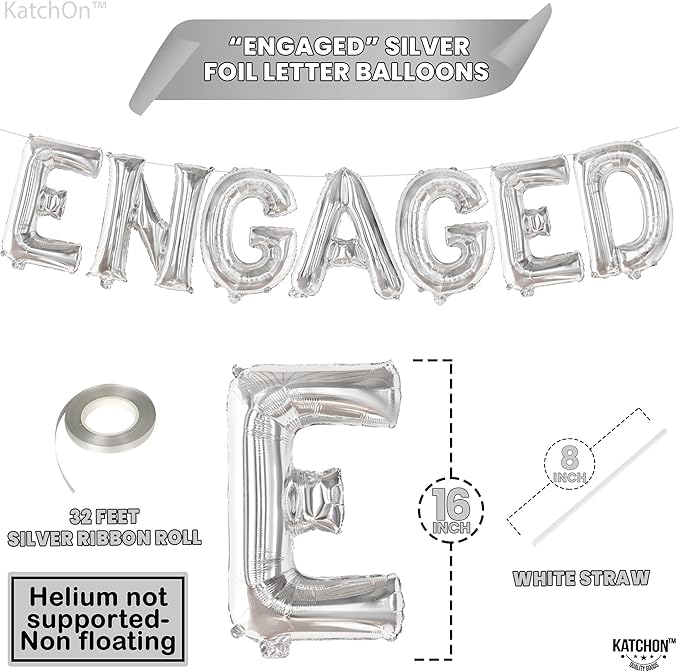 KatchOn, Silver Foil Engaged Balloons Letter - 16 Inch | Engagement Balloons for Engagement Party Decorations | Bachelorette Party Decorations | engagement Party Balloons for decoration
