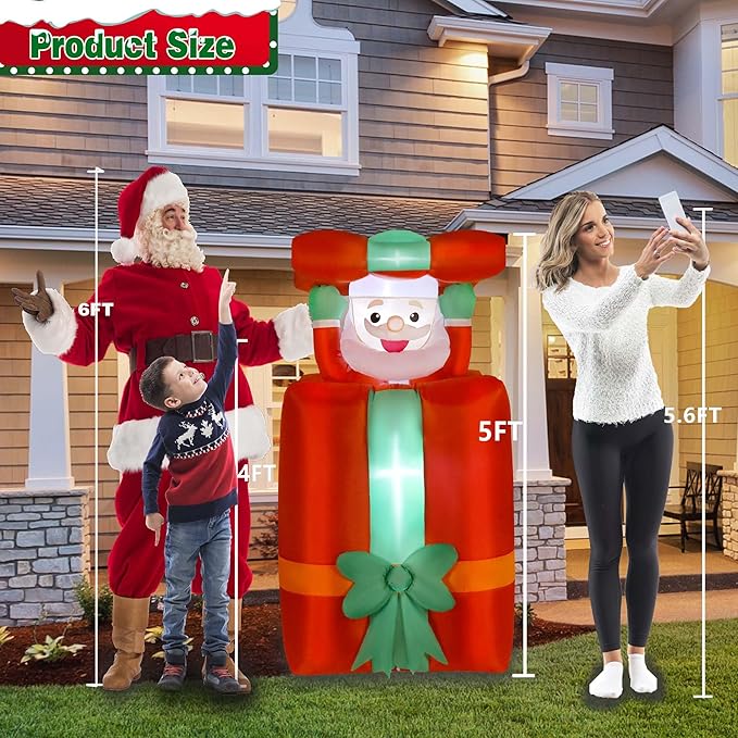 5FT Christmas Inflatables Decorations with Pop Up Movable Santa Claus Huge Gift Boxes, Bright LED Lights Blow Up Christmas Decor for Yard Outdoor Indoor Fall Vacation Holiday Party Lawn
