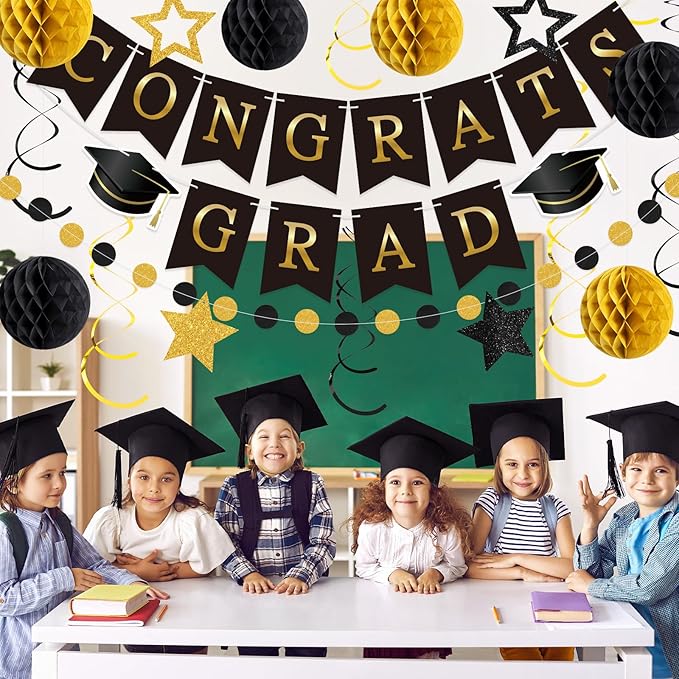 Black and Gold Congrats Grad Banner 2026 Graduation Decorations with Hanging Swirl Honeycomb Ball Circle Garland Grad Party Favor Supplies for College Senior High School Classroom Decor