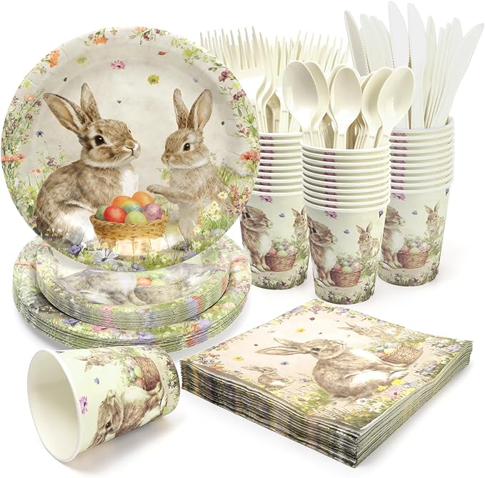 Easter Paper Plates Decorations - 168Pcs Bunny 9" Dinner Plates 7" Dessert Plates 9 OZ Paper Cups Napkins Set Cutlery Happy Easter Rabbit Party Supplies Serves 24