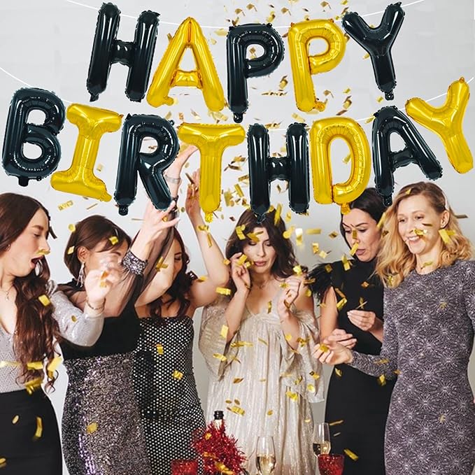TONIFUL Happy Birthday Balloons Banner with Ribbon Straw, 16 Inch Mylar Letters Birthday Sign Banner Balloon Bunting Reusable for Girls Boys Kids & Adults Birthday Halloween Supplies（Black Gold）