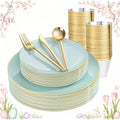 bUCLA 150PCS Green Plastic Plates - Sage Green with Gold Rim Disposable - Include 25 (Dinner & Dessert) Plates, 25 Knives, 25 Forks, 25 Spoons and 25 Cups for Party, Easter & Spring