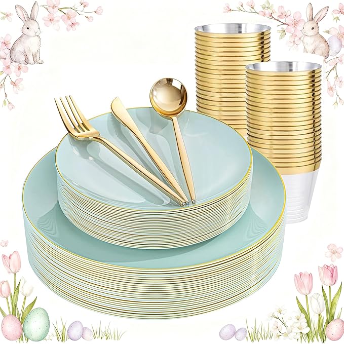 bUCLA 150PCS Green Plastic Plates - Sage Green with Gold Rim Disposable - Include 25 (Dinner & Dessert) Plates, 25 Knives, 25 Forks, 25 Spoons and 25 Cups for Party, Easter & Spring