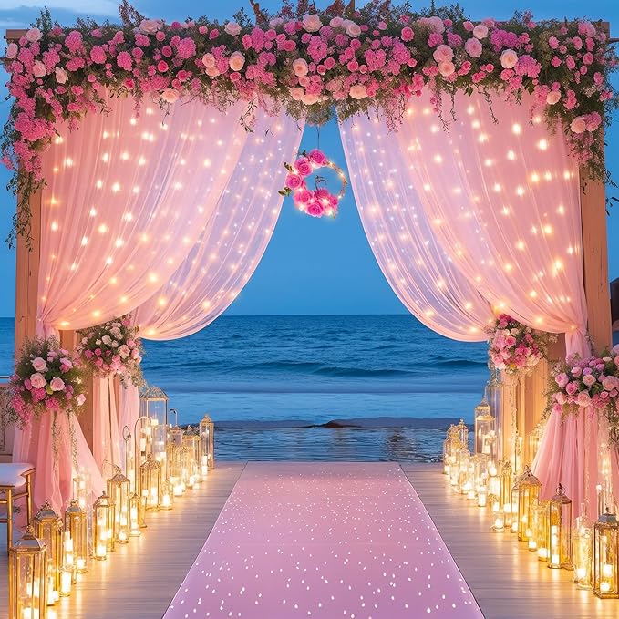 10x10FT Pink Wrinkle Free Backdrop Curtains with Lights String for Parties - Photo Curtain Backdrop with Lights for Wedding Decorations, Bridal Baby Shower Birthday Party Photography Background