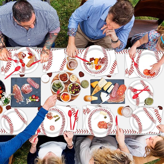 184 PCS Baseball Birthday Party Decorations Pack Baseball Party Supplies Tableware Set Including Happy Birthday Banner, Plates and Napkins, Knives, Forks, Cups, Swirls, Tablecloth for Baseball Party