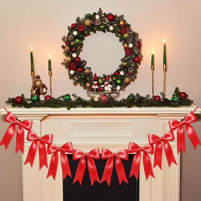 1 String of 8PCS Red Bow Garland Banner Decoration,Pre-Strung Satin Ribbon Ornaments for Birthday,Bachelorette Party, Bridal Shower,Wedding,Engagement, Baby Shower,Graduation Decor,Valentine's Day
