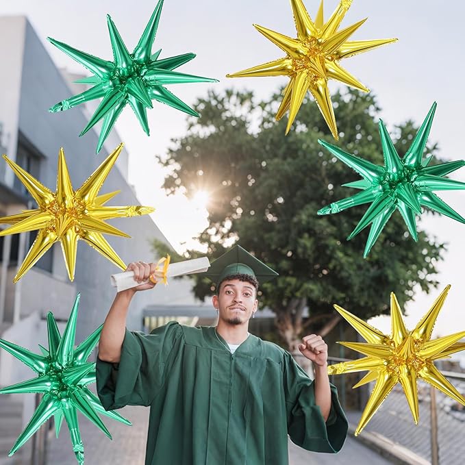 6PCS Green Gold Star Balloons, 22Inch Large Star Shaped Balloon Foil Spike Balloon Cone Balloons for Graduation Birthday St. Patrick's Day Baby Shower Jungle Party Decorations