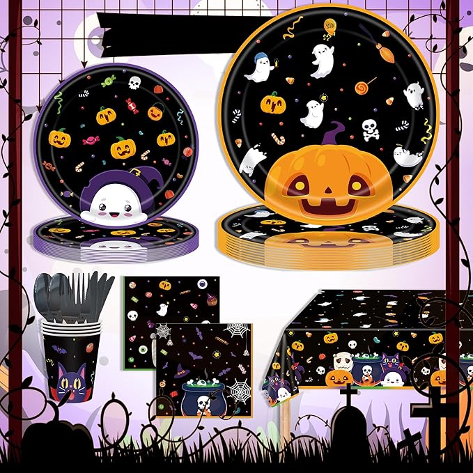 Halloween Party Supplies Decoration Set, 141 Pieces Includes Plates, Napkins, Cups, Tablecloth and Tableware for Halloween Horror Theme Party Decorations, Serves 20 ( Cartoon )