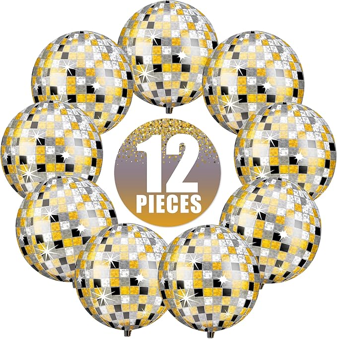 KatchOn, Huge Disco Ball Balloons -22 Inch, Pack of 12 | Black And Gold Disco Balloons for Disco Party Decorations | 360 Degree 4D Sphere Disco Balloon | Graduation Decorations 2025