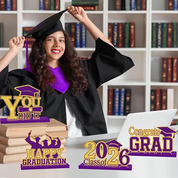 4Pcs Graduation Decorations Class of 2026 Wood Table Centerpieces Congrats Grad Wooden Sign Graduation Table Toppers Congratulate Tiered Tray Decor for 2026 Graduation Party (Purple-Gold)
