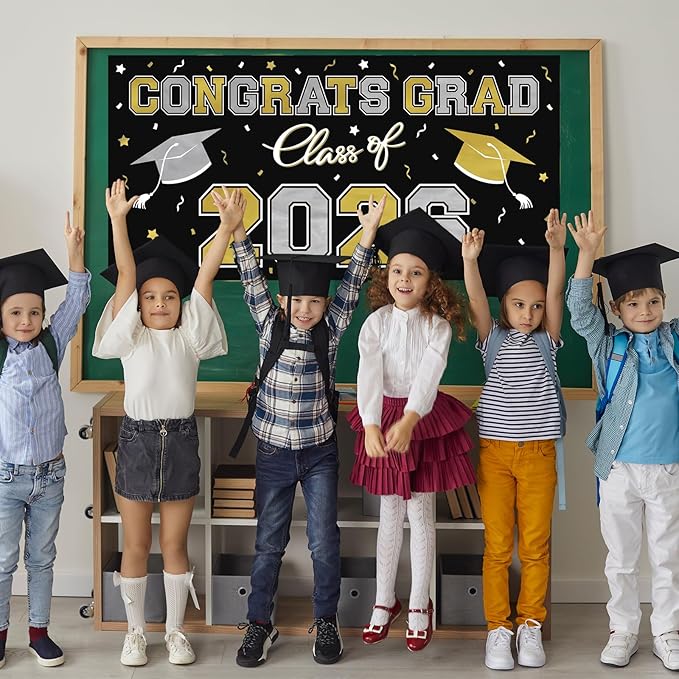 2026 Graduation Party Plastic Backdrop - 65" x 32.7" Congrats Grad Banner in Black, Large Class of 2026 Decorations, Photography & Grad Party Supplies