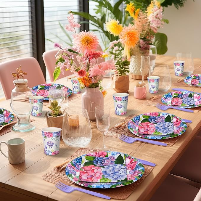 Yungyan 252 Pcs Hydrangea Plates and Napkins Set Hydrangea Flowers Party Supplies Disposable Floral Napkins Plates Cups Knives Spoons Forks for Wedding Birthday Tea Bridal Birthday Serves 36 Guests