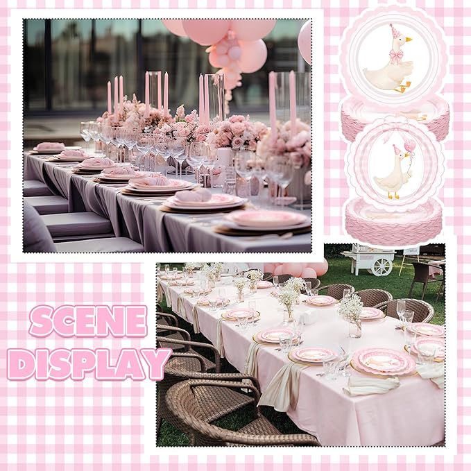 Zhehao 350 Pcs One Silly Goose Birthday Party Tableware Set Scalloped Pink Baby Shower Plates Cup Napkins Forks for Birthday Party Decorations Supplies for 50 Guests