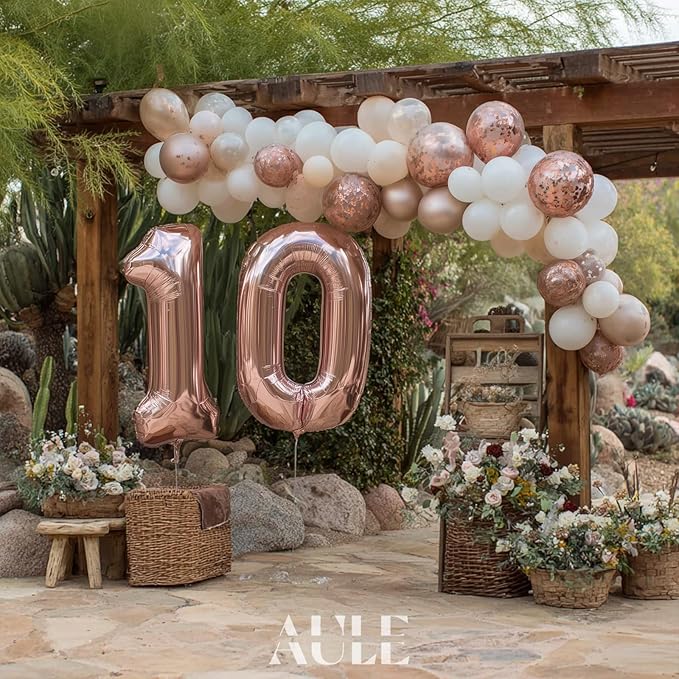 AULE 40 Inch Large 10 Number Balloons Rose Gold Big Foil Number Balloons Giant Helium Happy 10th Birthday Party Decorations for Women Huge Mylar Anniversary Supplies