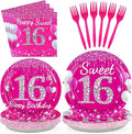 96Pcs 16th Birthday Party Supplies 350 GSM Hot Pink Sweet 16 Plates and Napkins Tableware Sets Sixteenth Birthday Decorations for Girls Happy 16 Years Old Party Favors, Serves 24
