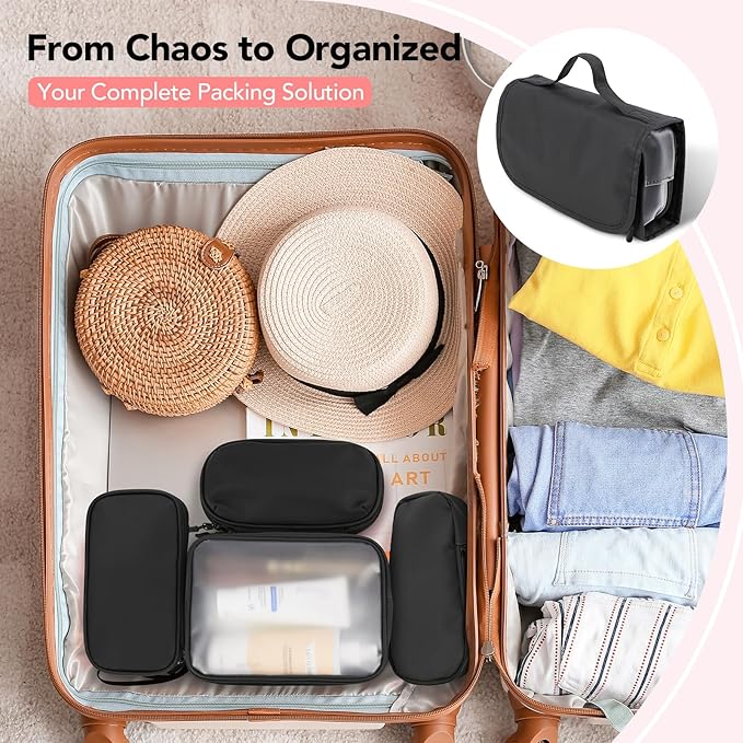 Travel Toiletry Bag Set for Women, Compact Size 5-Piece Hanging Organizer Kit with TSA Approved Cosmetic Bag, Jewelry Case & Cable Pouch, Waterproof Makeup Bag for Travel Essentials- Black