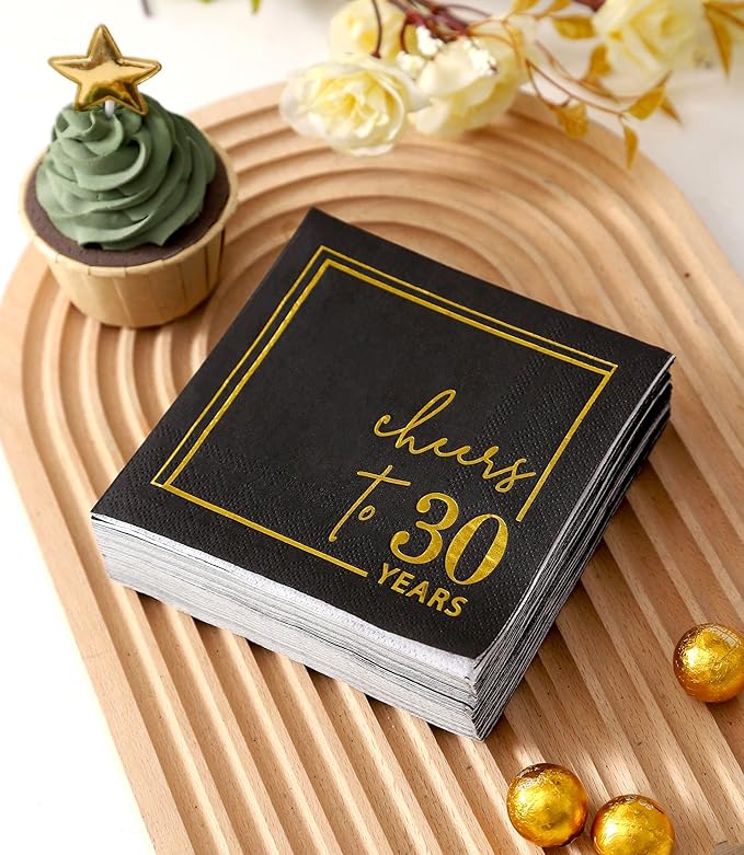 Cheers to Years Cocktail Napkins - 50 PK - 3-Ply Birthday Napkins 5x5 Inches Disposable Party Napkins Beverage Paper Napkins or Birthday Decorations Wedding Anniversary Black and Gold (30 Years)