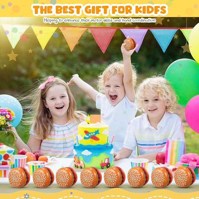 Liliful 100 Pcs Hamburger Bulk Yo Yo Toys Plastic Burger Party Favors for Kids Adults String Toys for Student Training Party Game Gifts Goody Bag Favors Classroom