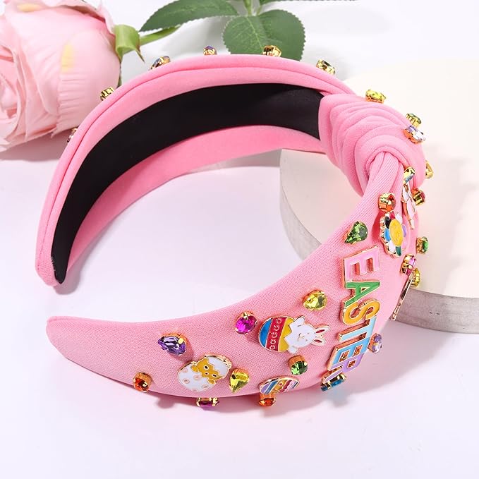 Easter Headband Spring Accessories for Women Easter Egg Bunny Knotted Headband Colorful Crystal Top Knot Headbands Spring Hair Accessories Gifts (EASTER-Pink)