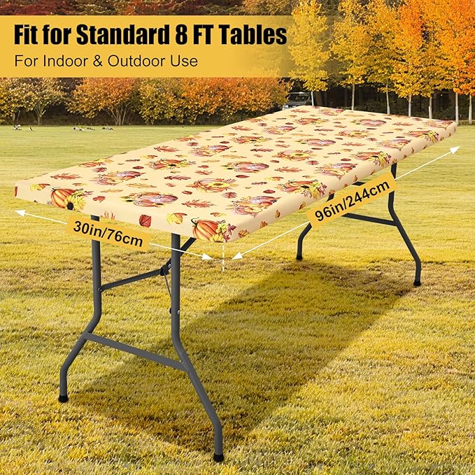 Smiry 2 Pack Rectangle Thanksgiving Table Cloth, Waterproof Elastic Fitted Tablecloths, Washable Polyester Rectangular Patio Table Cover for Autumn Harvest Parties (Pumpkin Sunflower, 30"x96")